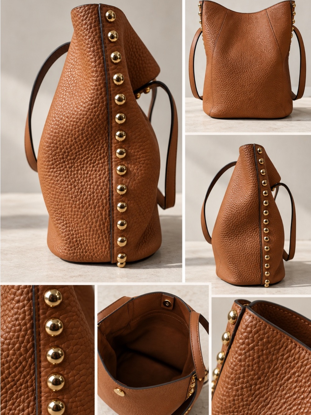 REBECCA MINKOFF BROWN PEBBLED LEATHER STUDDED TOTE - Picture 2 of 11